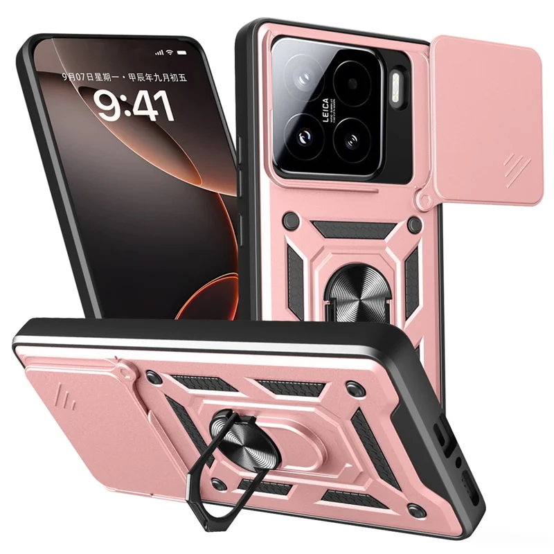 For Xiaomi 15 Case with Slide Camera Lid PC + TPU Kickstand Phone Cover - Black-Cellmalls