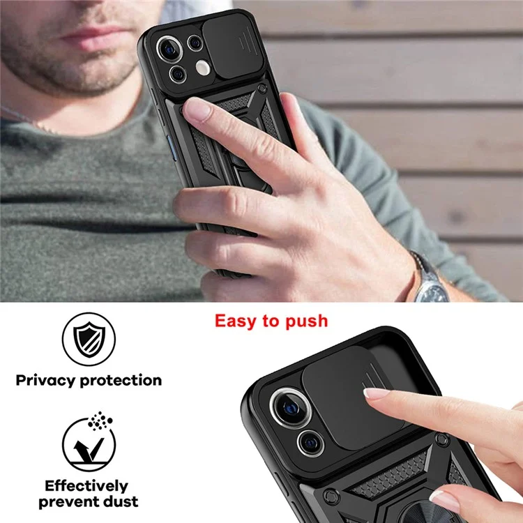 Shockproof Camera Slide Phone Case Cover with Kickstand Ring Holder for Xiaomi Mi 11 Lite 4G / 5G / 11 Lite 5G NE  - Black-Cellmalls