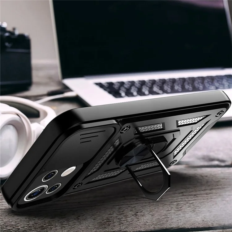 Shockproof Camera Slide Phone Case Cover with Kickstand Ring Holder for Xiaomi Mi 11 Lite 4G / 5G / 11 Lite 5G NE  - Black-Cellmalls