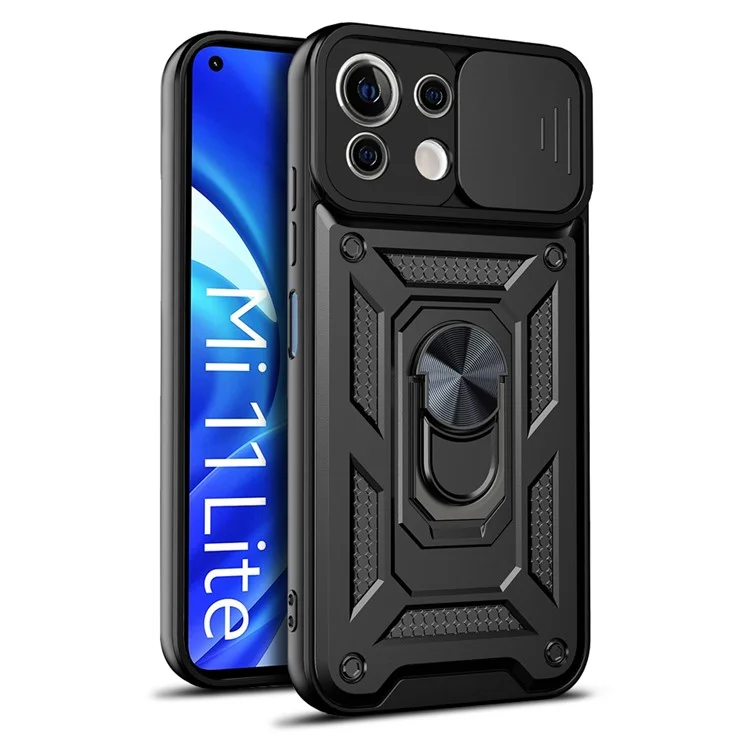 Shockproof Camera Slide Phone Case Cover with Kickstand Ring Holder for Xiaomi Mi 11 Lite 4G / 5G / 11 Lite 5G NE  - Black-Cellmalls