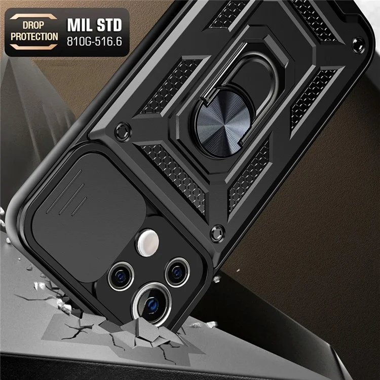 Shockproof Camera Slide Phone Case Cover with Kickstand Ring Holder for Xiaomi Mi 11 Lite 4G / 5G / 11 Lite 5G NE  - Black-Cellmalls