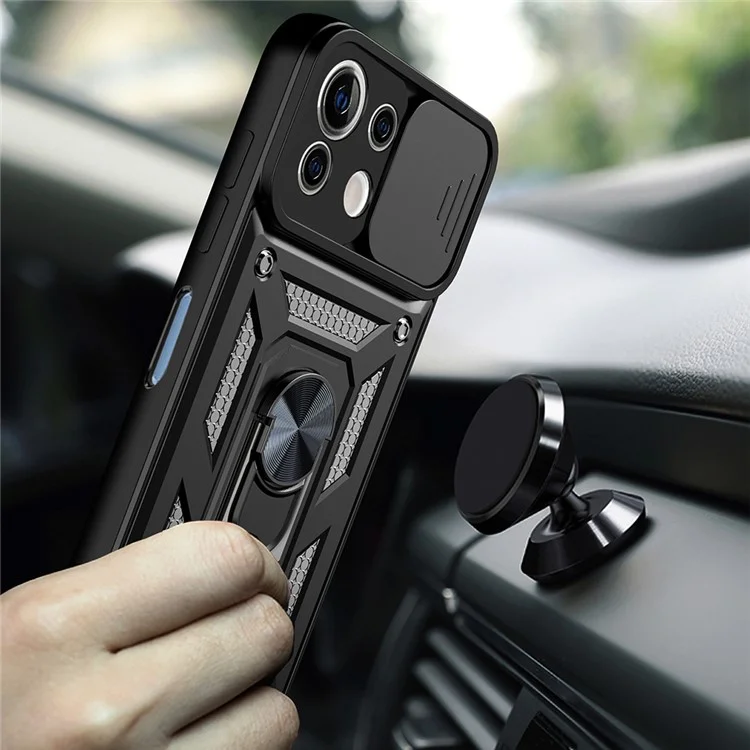 Shockproof Camera Slide Phone Case Cover with Kickstand Ring Holder for Xiaomi Mi 11 Lite 4G / 5G / 11 Lite 5G NE  - Black-Cellmalls