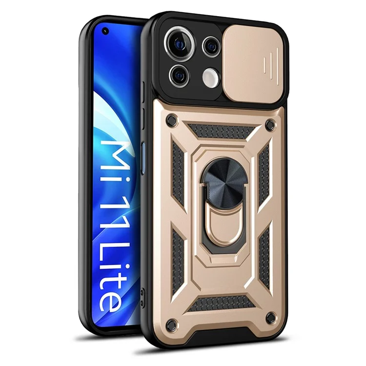 Shockproof Camera Slide Phone Case Cover with Kickstand Ring Holder for Xiaomi Mi 11 Lite 4G / 5G / 11 Lite 5G NE  - Black-Cellmalls