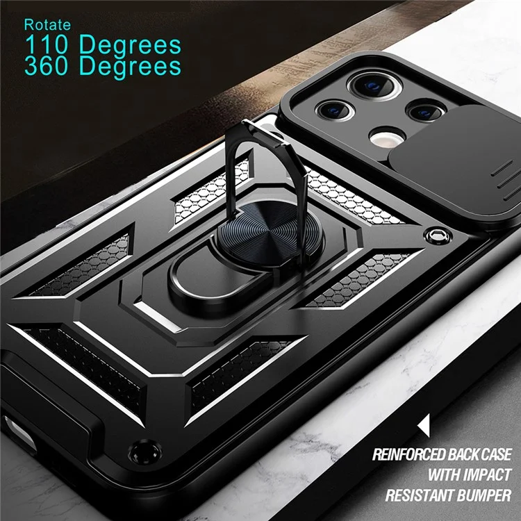 Shockproof Camera Slide Phone Case Cover with Kickstand Ring Holder for Xiaomi Mi 11 Lite 4G / 5G / 11 Lite 5G NE  - Black-Cellmalls