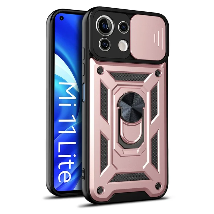 Shockproof Camera Slide Phone Case Cover with Kickstand Ring Holder for Xiaomi Mi 11 Lite 4G / 5G / 11 Lite 5G NE  - Black-Cellmalls