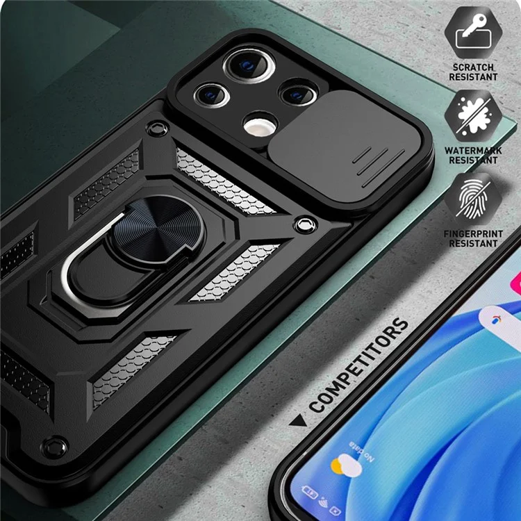 Shockproof Camera Slide Phone Case Cover with Kickstand Ring Holder for Xiaomi Mi 11 Lite 4G / 5G / 11 Lite 5G NE  - Black-Cellmalls