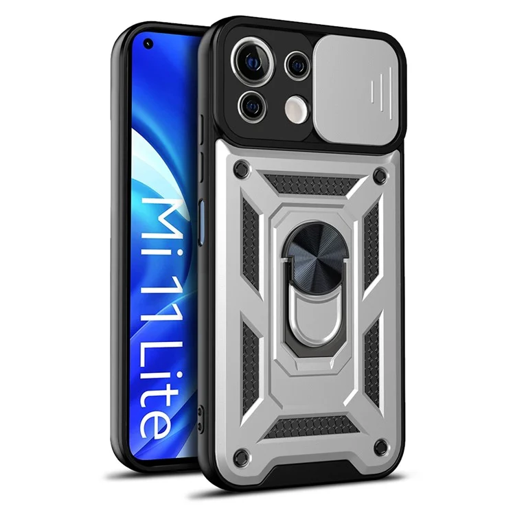 Shockproof Camera Slide Phone Case Cover with Kickstand Ring Holder for Xiaomi Mi 11 Lite 4G / 5G / 11 Lite 5G NE  - Black-Cellmalls