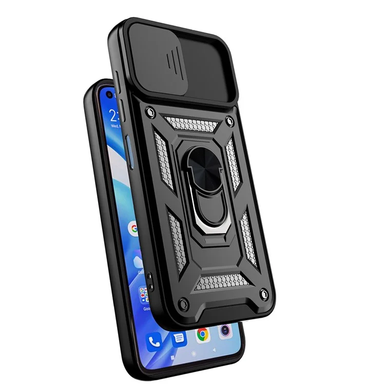 Shockproof Camera Slide Phone Case Cover with Kickstand Ring Holder for Xiaomi Mi 11 Lite 4G / 5G / 11 Lite 5G NE  - Black-Cellmalls