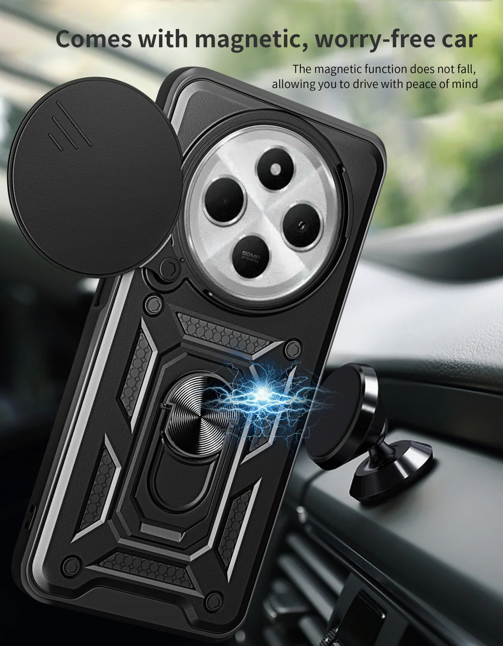 For Xiaomi Poco C75 4G / Redmi 14R 5G / 14C 4G Case with Slide Camera Lid PC+TPU Kickstand Phone Cover - Black-Cellmalls