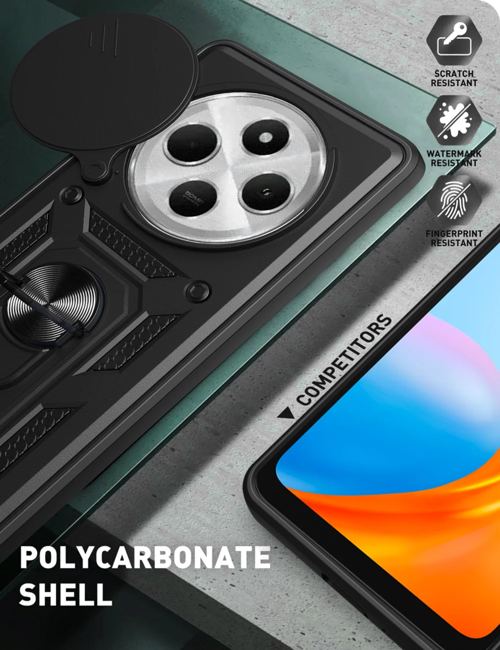 For Xiaomi Poco C75 4G / Redmi 14R 5G / 14C 4G Case with Slide Camera Lid PC+TPU Kickstand Phone Cover - Black-Cellmalls