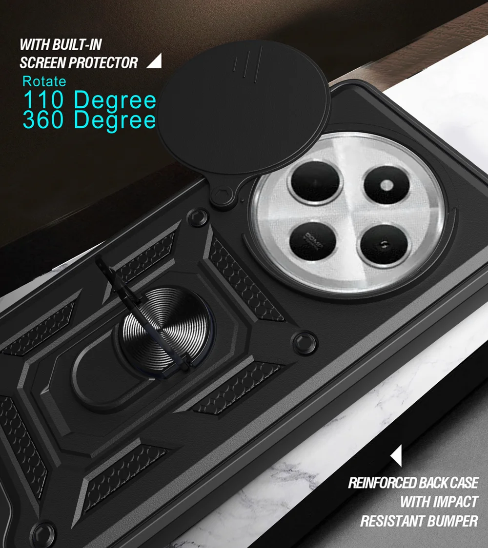 For Xiaomi Poco C75 4G / Redmi 14R 5G / 14C 4G Case with Slide Camera Lid PC+TPU Kickstand Phone Cover - Black-Cellmalls