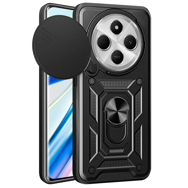For Xiaomi Poco C75 4G / Redmi 14R 5G / 14C 4G Case with Slide Camera Lid PC+TPU Kickstand Phone Cover - Black-Cellmalls