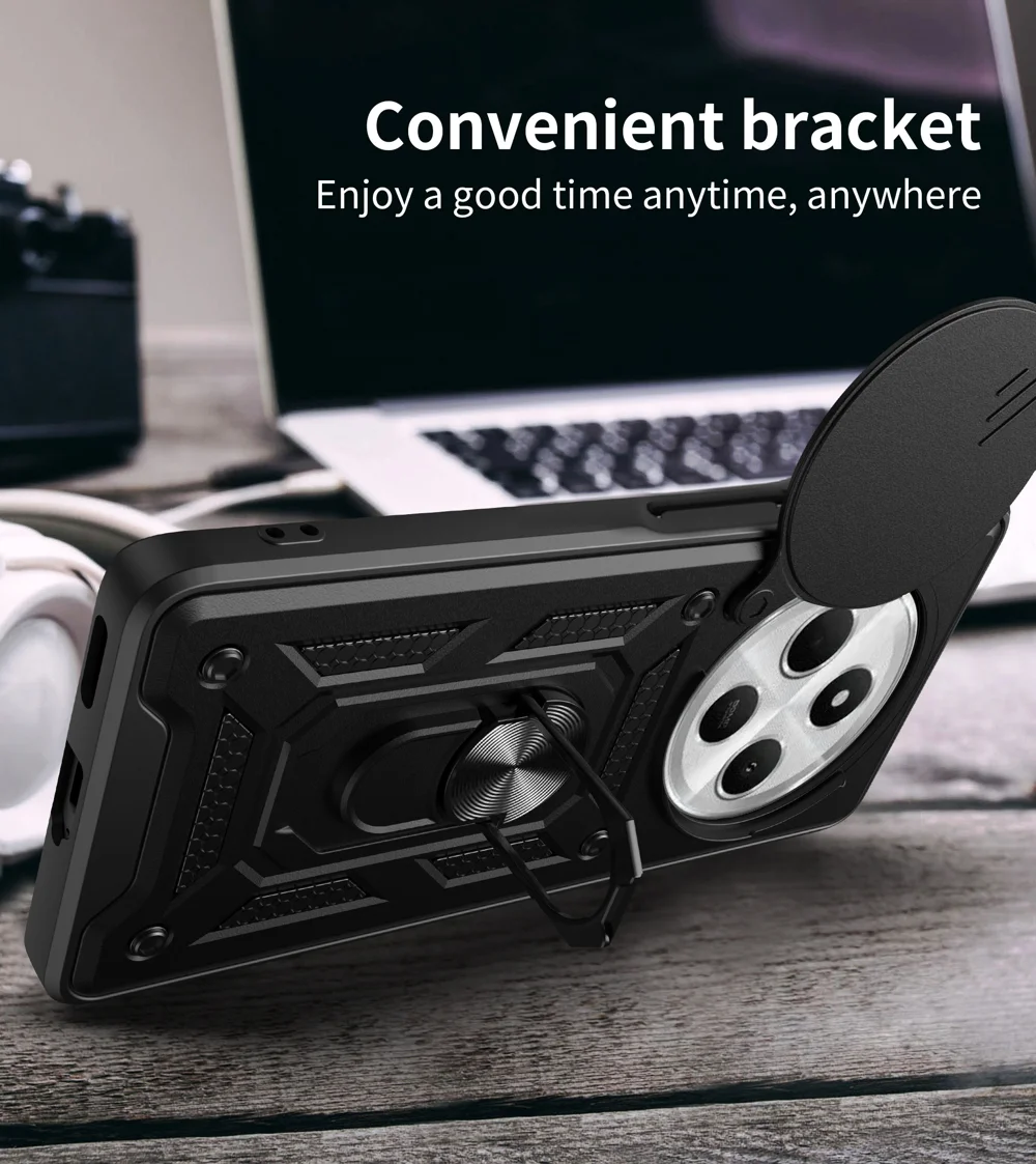 For Xiaomi Poco C75 4G / Redmi 14R 5G / 14C 4G Case with Slide Camera Lid PC+TPU Kickstand Phone Cover - Black-Cellmalls