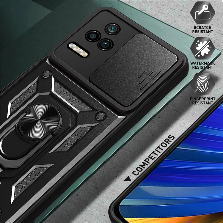 For Xiaomi Poco F4 5G / Redmi K40S 5G Kickstand PC + TPU Hybrid Cover Slide Camera Protection Phone Case - Black-Cellmalls