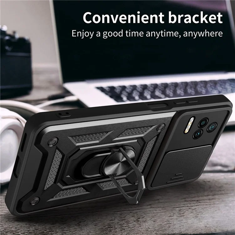 For Xiaomi Poco F4 5G / Redmi K40S 5G Kickstand PC + TPU Hybrid Cover Slide Camera Protection Phone Case - Black-Cellmalls
