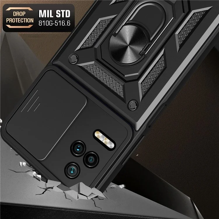 For Xiaomi Poco F4 5G / Redmi K40S 5G Kickstand PC + TPU Hybrid Cover Slide Camera Protection Phone Case - Black-Cellmalls
