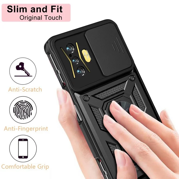 For Xiaomi Poco F4 GT/Redmi K50 Gaming PC + TPU Hybrid Case Slide Camera Protection Ring Kickstand Phone Cover - Black-Cellmalls