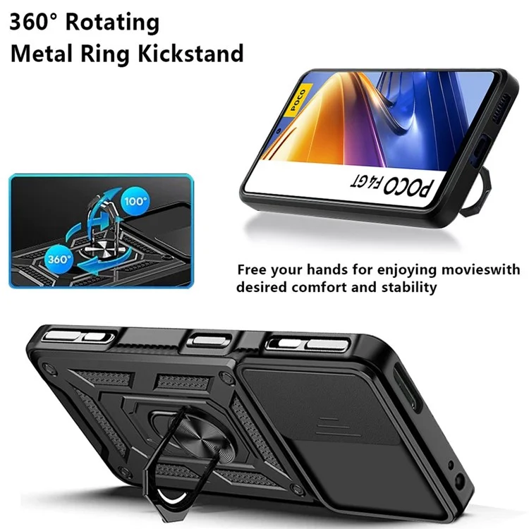 For Xiaomi Poco F4 GT/Redmi K50 Gaming PC + TPU Hybrid Case Slide Camera Protection Ring Kickstand Phone Cover - Black-Cellmalls