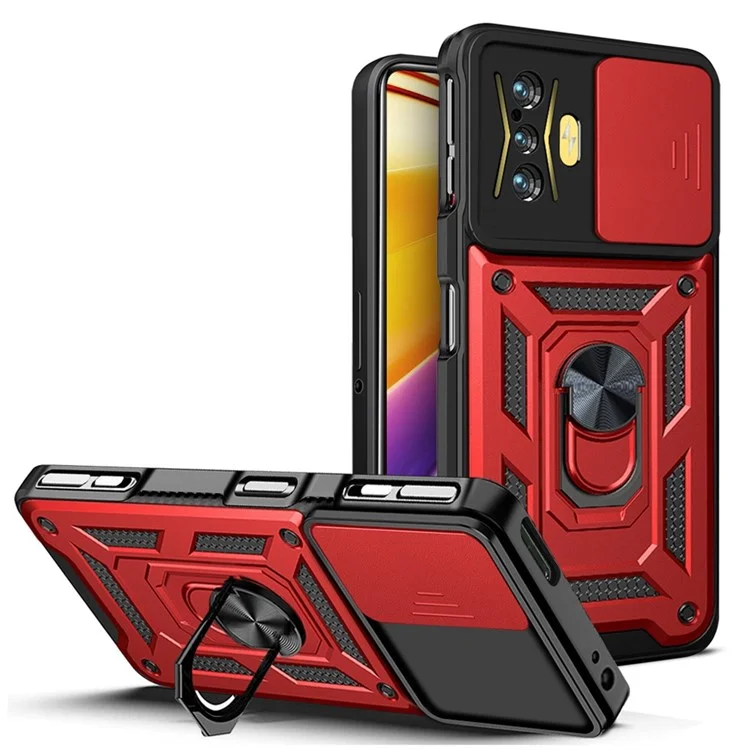 For Xiaomi Poco F4 GT/Redmi K50 Gaming PC + TPU Hybrid Case Slide Camera Protection Ring Kickstand Phone Cover - Black-Cellmalls