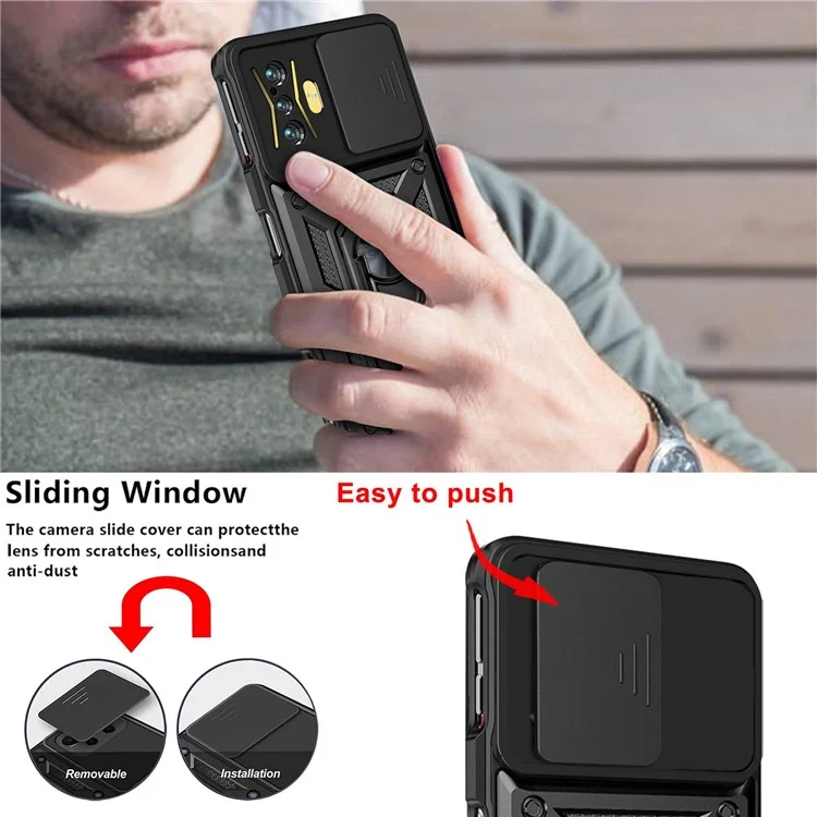 For Xiaomi Poco F4 GT/Redmi K50 Gaming PC + TPU Hybrid Case Slide Camera Protection Ring Kickstand Phone Cover - Black-Cellmalls