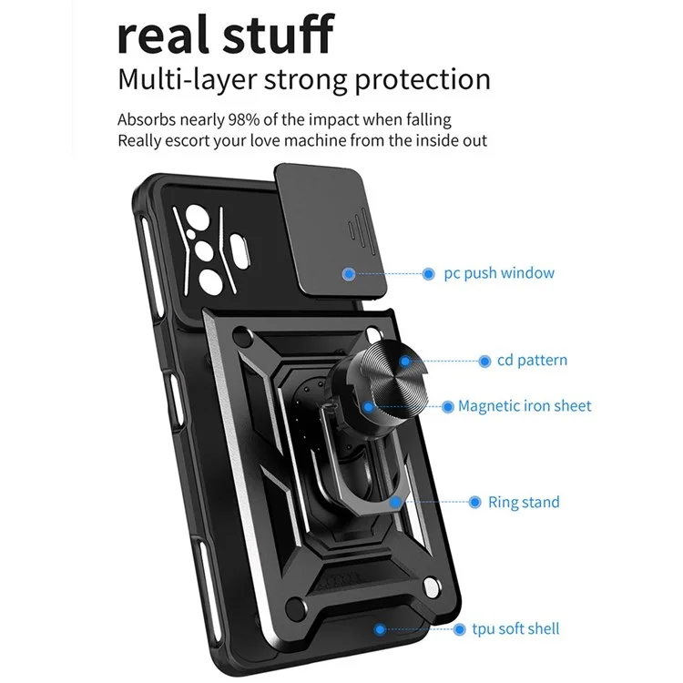 For Xiaomi Poco F4 GT/Redmi K50 Gaming PC + TPU Hybrid Case Slide Camera Protection Ring Kickstand Phone Cover - Black-Cellmalls