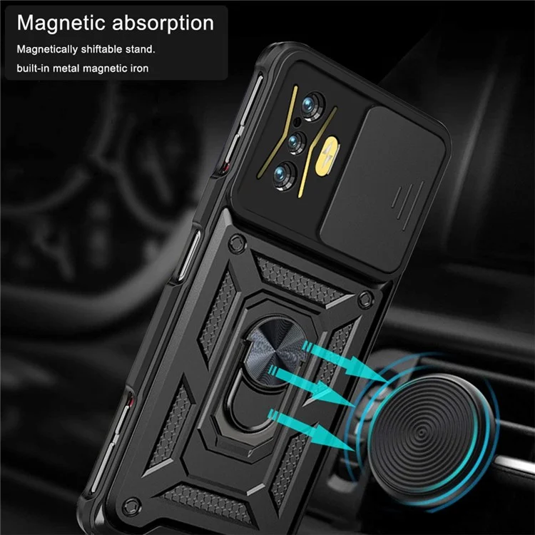 For Xiaomi Poco F4 GT/Redmi K50 Gaming PC + TPU Hybrid Case Slide Camera Protection Ring Kickstand Phone Cover - Black-Cellmalls