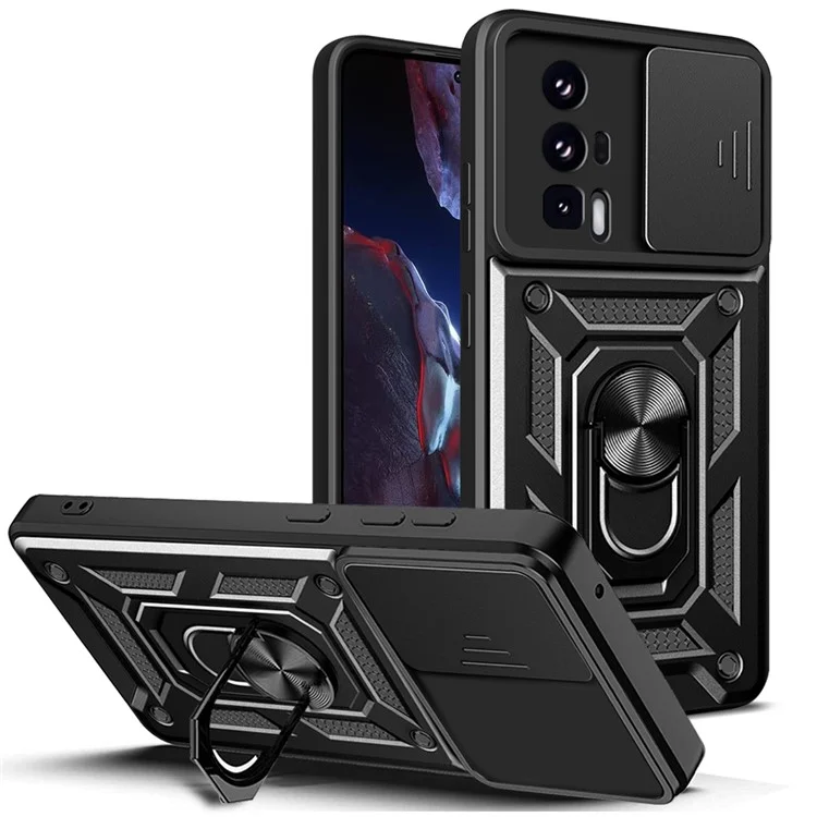 Phone Case for Xiaomi Poco F5 Pro 5G / Redmi K60 5G / K60 Pro 5G Camera Lens Slide Design PC+TPU Kickstand Cover - Black-Cellmalls
