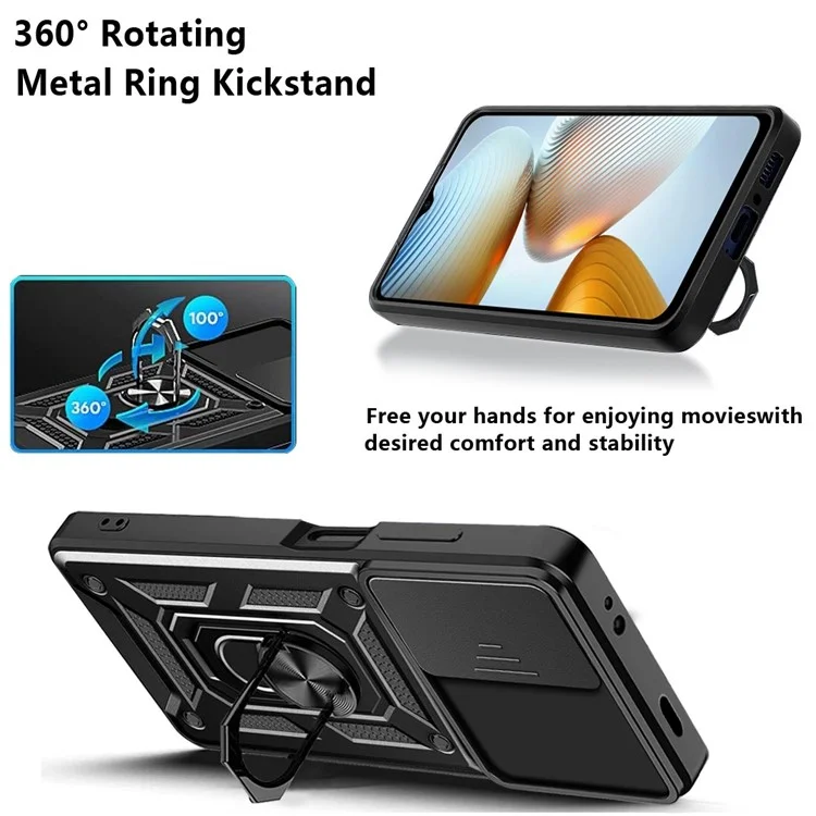 Anti-drop Phone Case for Xiaomi Poco M4 5G, Ring Kickstand PC + TPU Protective Back Cover with Slide Camera Protector - Black-Cellmalls