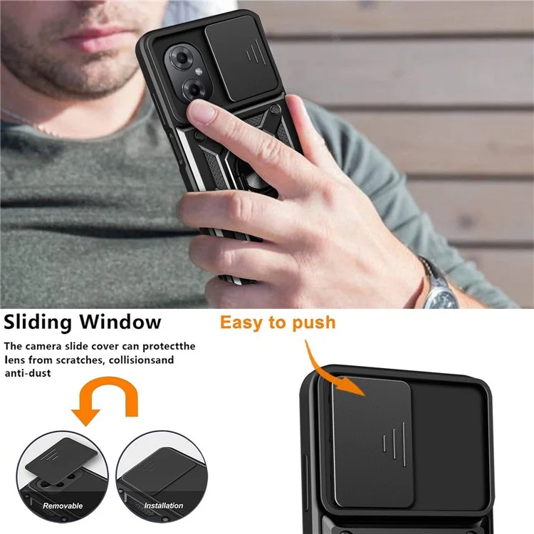 Anti-drop Phone Case for Xiaomi Poco M4 5G, Ring Kickstand PC + TPU Protective Back Cover with Slide Camera Protector - Black-Cellmalls