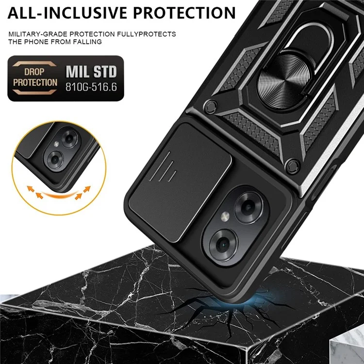 Anti-drop Phone Case for Xiaomi Poco M4 5G, Ring Kickstand PC + TPU Protective Back Cover with Slide Camera Protector - Black-Cellmalls