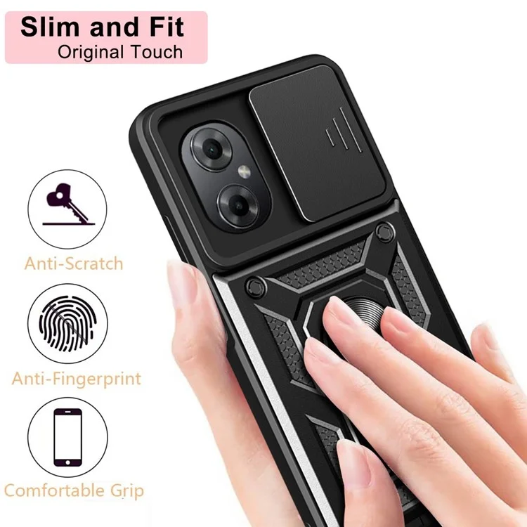 Anti-drop Phone Case for Xiaomi Poco M4 5G, Ring Kickstand PC + TPU Protective Back Cover with Slide Camera Protector - Black-Cellmalls