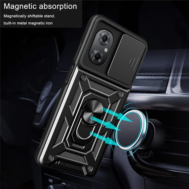 Anti-drop Phone Case for Xiaomi Poco M4 5G, Ring Kickstand PC + TPU Protective Back Cover with Slide Camera Protector - Black-Cellmalls
