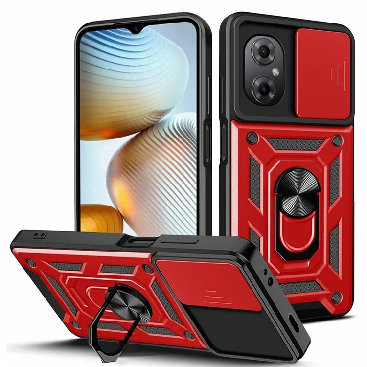 Anti-drop Phone Case for Xiaomi Poco M4 5G, Ring Kickstand PC + TPU Protective Back Cover with Slide Camera Protector - Black-Cellmalls