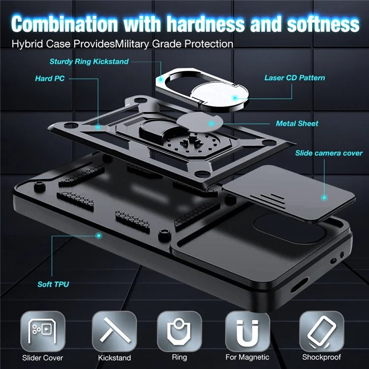 Anti-drop Phone Case for Xiaomi Poco M4 5G, Ring Kickstand PC + TPU Protective Back Cover with Slide Camera Protector - Black-Cellmalls
