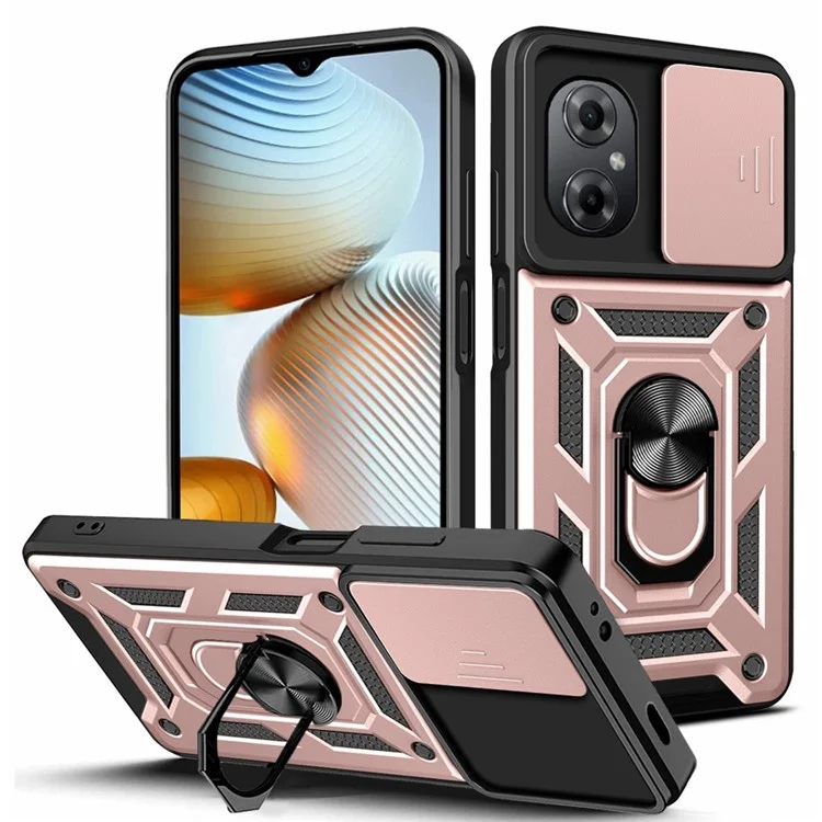 Anti-drop Phone Case for Xiaomi Poco M4 5G, Ring Kickstand PC + TPU Protective Back Cover with Slide Camera Protector - Black-Cellmalls