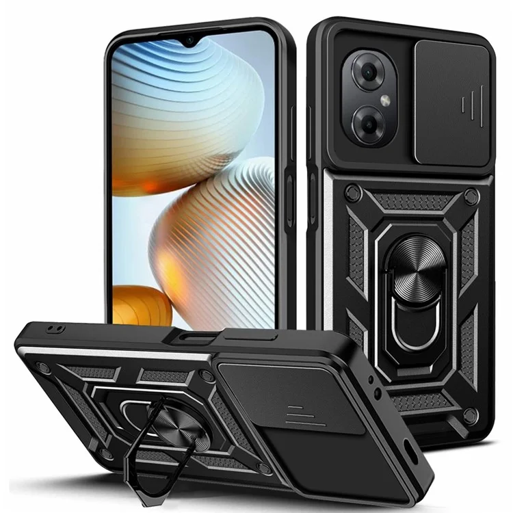 Anti-drop Phone Case for Xiaomi Poco M4 5G, Ring Kickstand PC + TPU Protective Back Cover with Slide Camera Protector - Black-Cellmalls