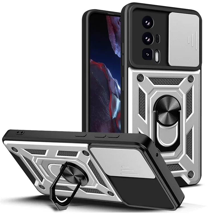 Phone Case for Xiaomi Poco F5 Pro 5G / Redmi K60 5G / K60 Pro 5G Camera Lens Slide Design PC+TPU Kickstand Cover - Black-Cellmalls