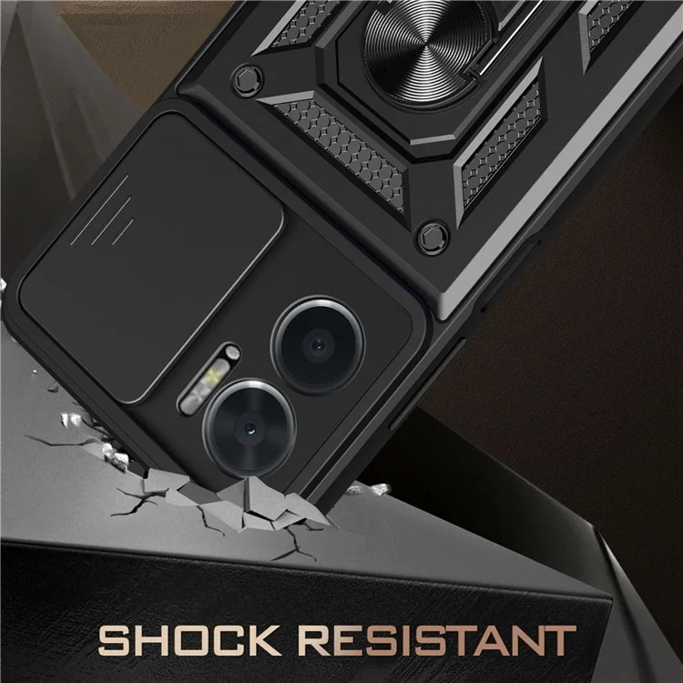Bump Proof Phone Case for Xiaomi Redmi Note 11E 5G / Redmi 10 5G / 10 Prime+ 5G, PC + TPU Protective Back Cover with Slide Camera Protector and Ring Kickstand - Black-Cellmalls
