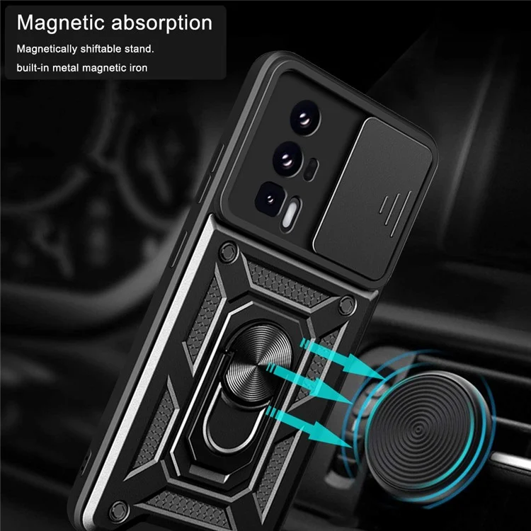 Phone Case for Xiaomi Poco F5 Pro 5G / Redmi K60 5G / K60 Pro 5G Camera Lens Slide Design PC+TPU Kickstand Cover - Black-Cellmalls