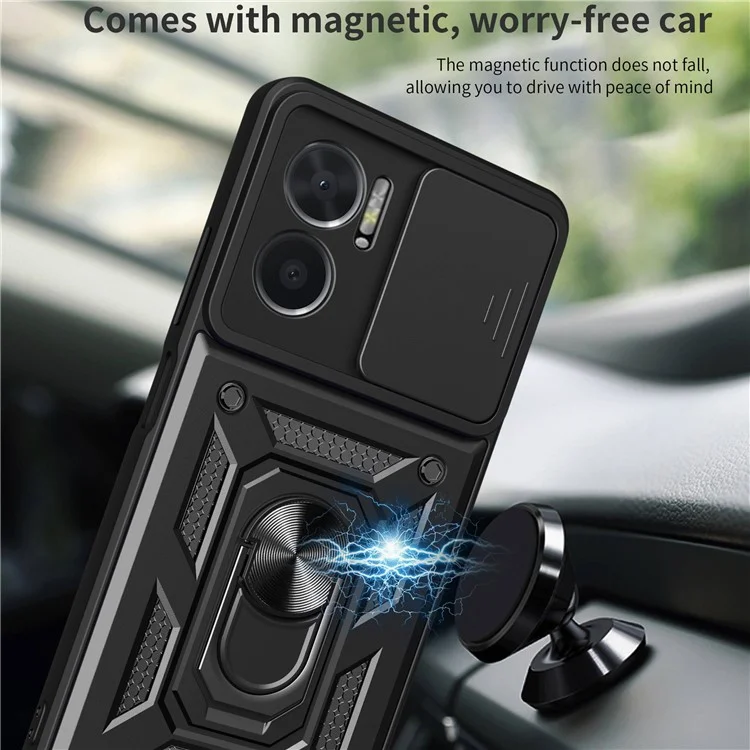 Bump Proof Phone Case for Xiaomi Redmi Note 11E 5G / Redmi 10 5G / 10 Prime+ 5G, PC + TPU Protective Back Cover with Slide Camera Protector and Ring Kickstand - Black-Cellmalls