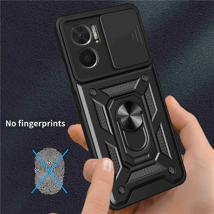 Bump Proof Phone Case for Xiaomi Redmi Note 11E 5G / Redmi 10 5G / 10 Prime+ 5G, PC + TPU Protective Back Cover with Slide Camera Protector and Ring Kickstand - Black-Cellmalls