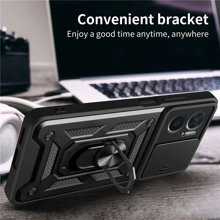 Bump Proof Phone Case for Xiaomi Redmi Note 11E 5G / Redmi 10 5G / 10 Prime+ 5G, PC + TPU Protective Back Cover with Slide Camera Protector and Ring Kickstand - Black-Cellmalls