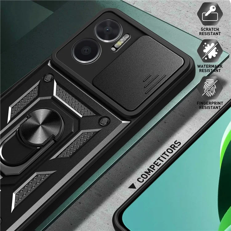 Bump Proof Phone Case for Xiaomi Redmi Note 11E 5G / Redmi 10 5G / 10 Prime+ 5G, PC + TPU Protective Back Cover with Slide Camera Protector and Ring Kickstand - Black-Cellmalls