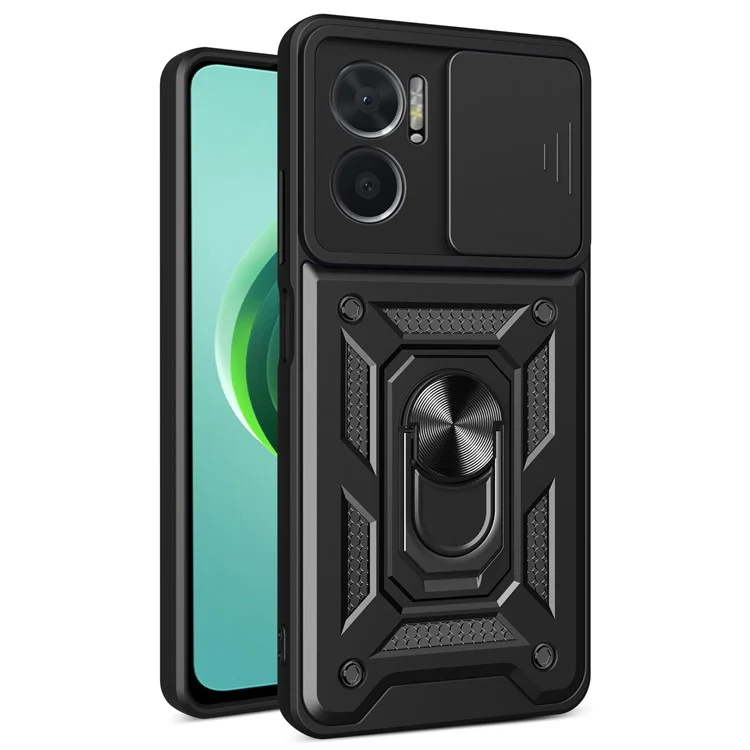 Bump Proof Phone Case for Xiaomi Redmi Note 11E 5G / Redmi 10 5G / 10 Prime+ 5G, PC + TPU Protective Back Cover with Slide Camera Protector and Ring Kickstand - Black-Cellmalls