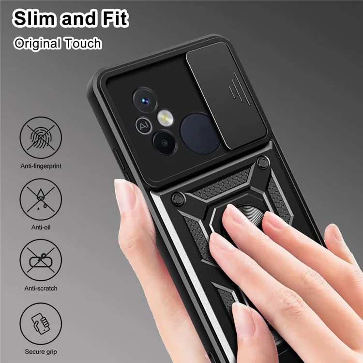 For Xiaomi Redmi 12C 4G Kickstand Phone Case PC+TPU Cover with Slide Camera Lid - Black-Cellmalls