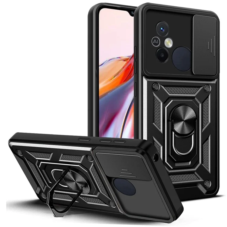 For Xiaomi Redmi 12C 4G Kickstand Phone Case PC+TPU Cover with Slide Camera Lid - Black-Cellmalls
