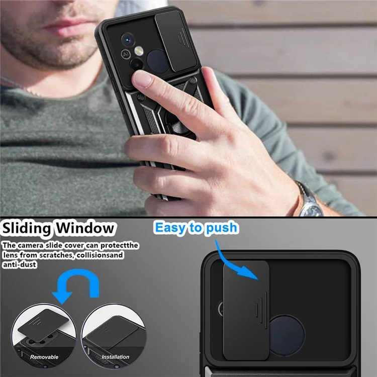 For Xiaomi Redmi 12C 4G Kickstand Phone Case PC+TPU Cover with Slide Camera Lid - Black-Cellmalls
