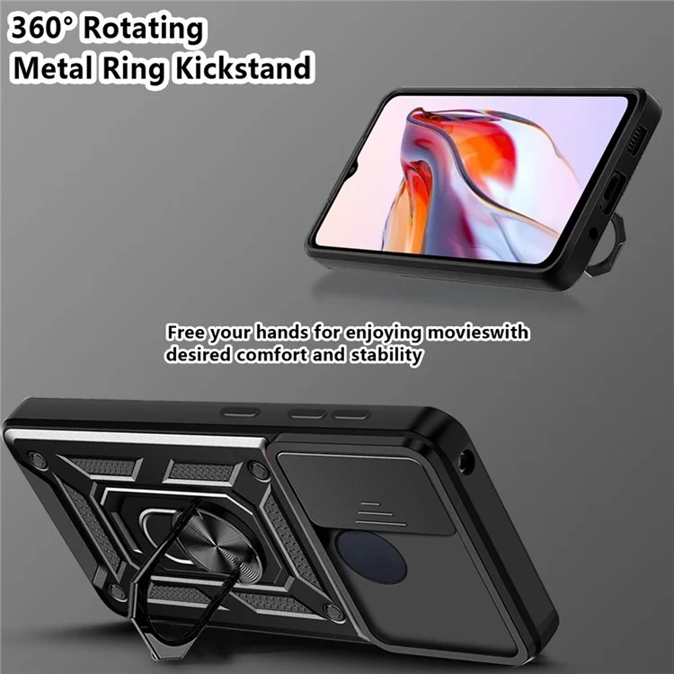 For Xiaomi Redmi 12C 4G Kickstand Phone Case PC+TPU Cover with Slide Camera Lid - Black-Cellmalls