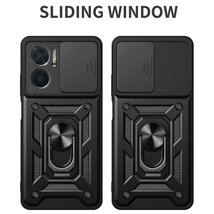 Bump Proof Phone Case for Xiaomi Redmi Note 11E 5G / Redmi 10 5G / 10 Prime+ 5G, PC + TPU Protective Back Cover with Slide Camera Protector and Ring Kickstand - Black-Cellmalls