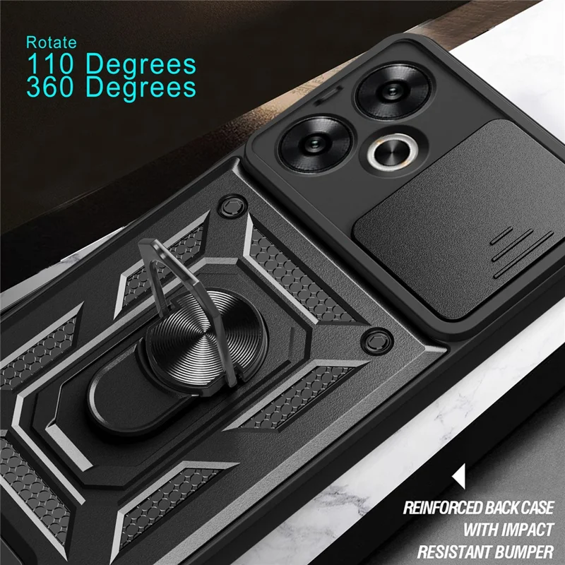 For Xiaomi Redmi 13C 5G / 13R 5G / Poco M6 5G Case with Slide Camera Cover Kickstand PC+TPU Phone Back Shell - Black-Cellmalls